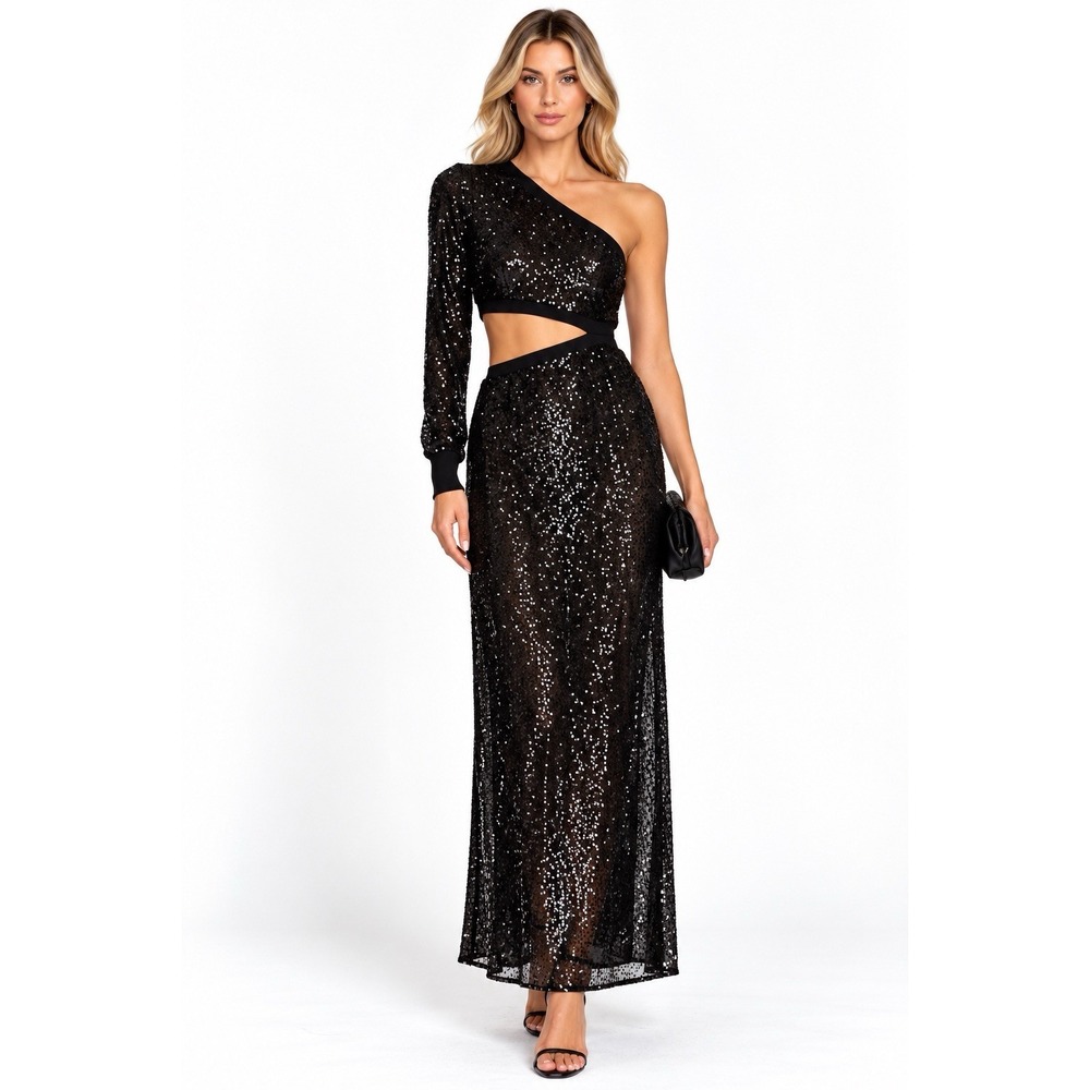 AllSaints Daisy Topaz Dress S Black Sequin One Shoulder Cutout Maxi NWT $329 #58